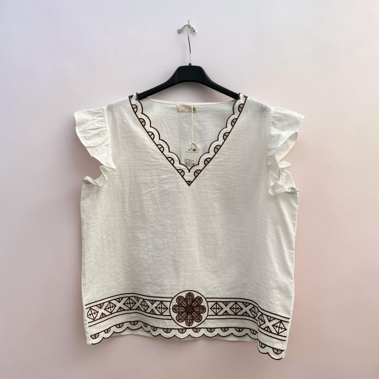 T-shirt en pur coton avec col V et broderies