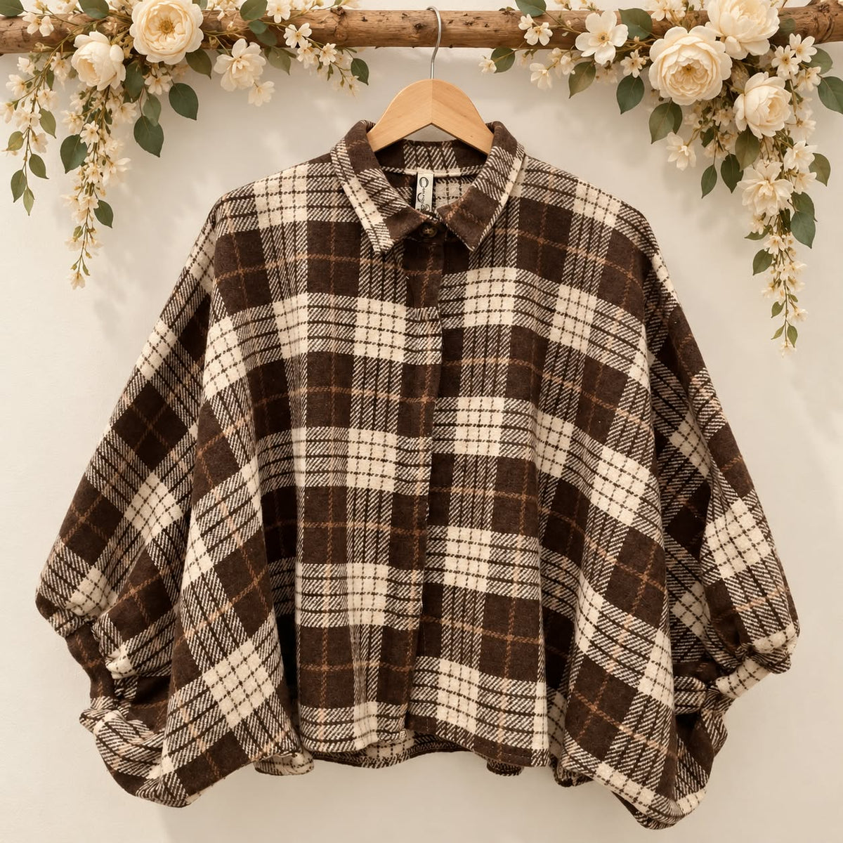 Oversized geruit hemd met gefronste vleermuismouwen