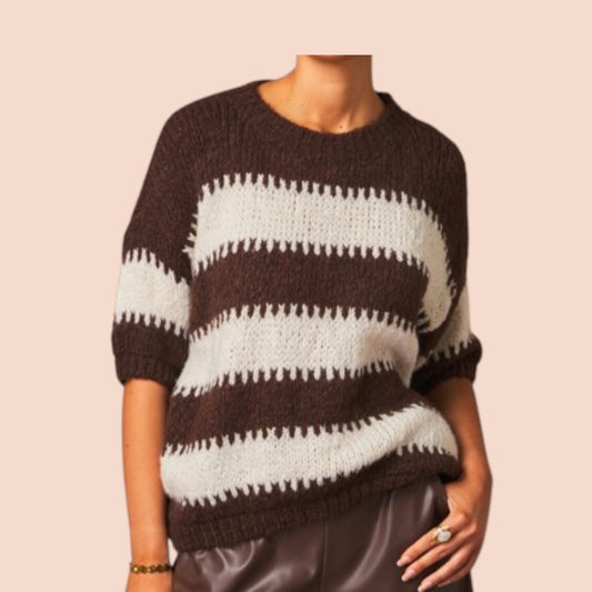 Pull en laine à rayures bicolore col rond manches 3/4