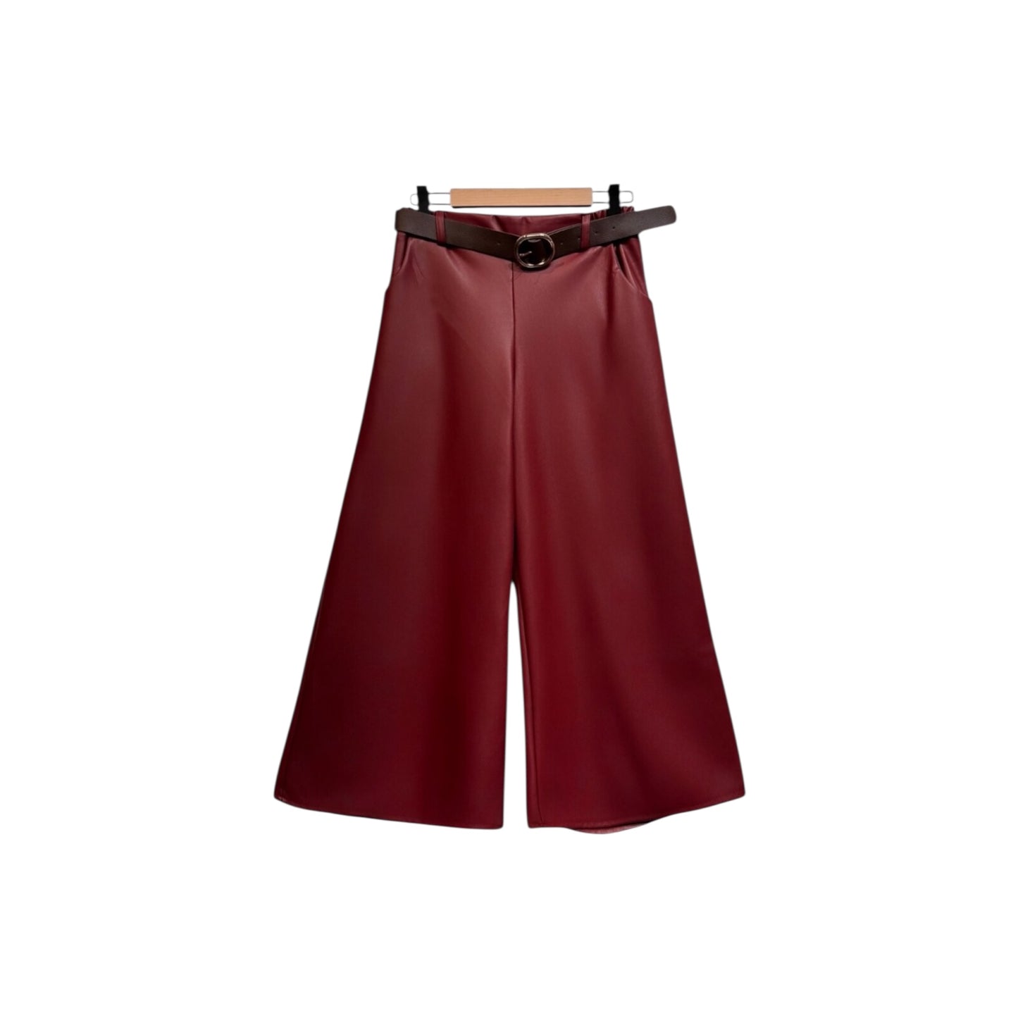Pantalon en simili cuir droit évasé avec ceinture