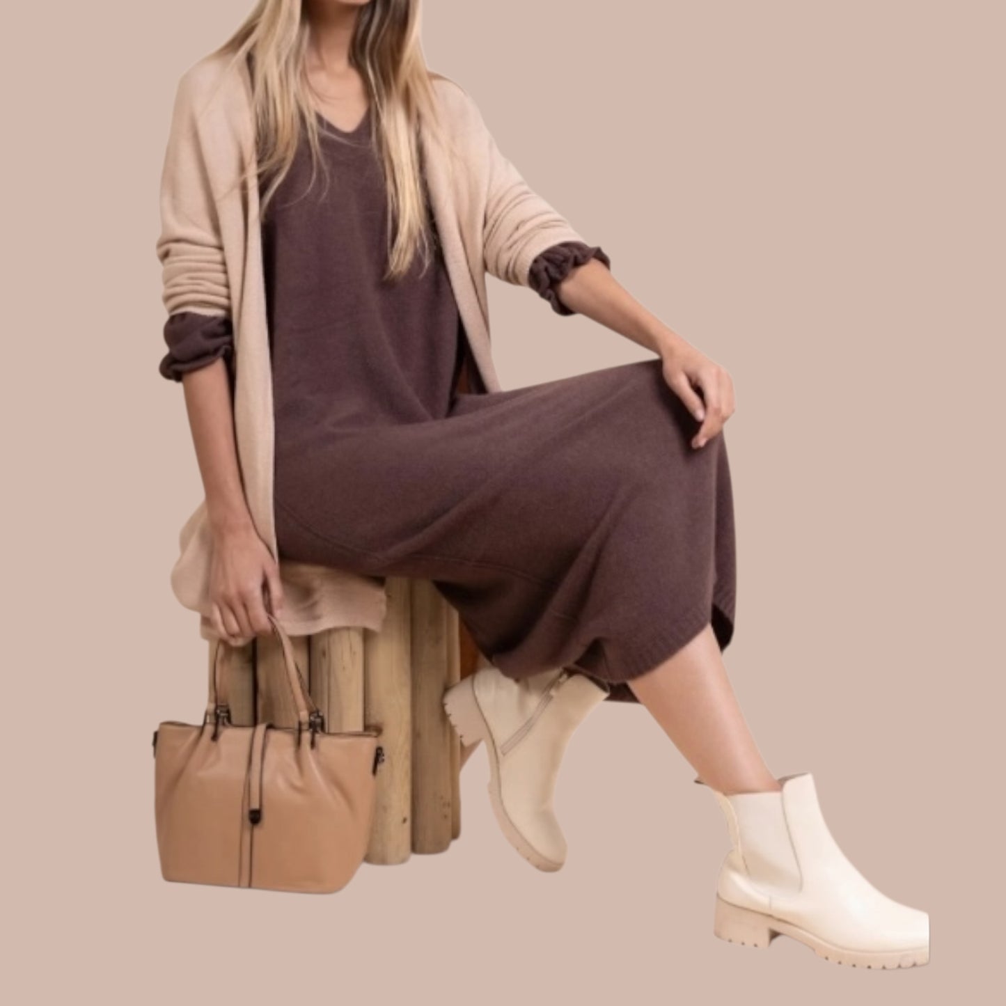 Robe longue oversize, col v sans couture, manches 3/4 touche