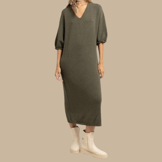 Robe longue oversize, col v sans couture, manches 3/4 touche
