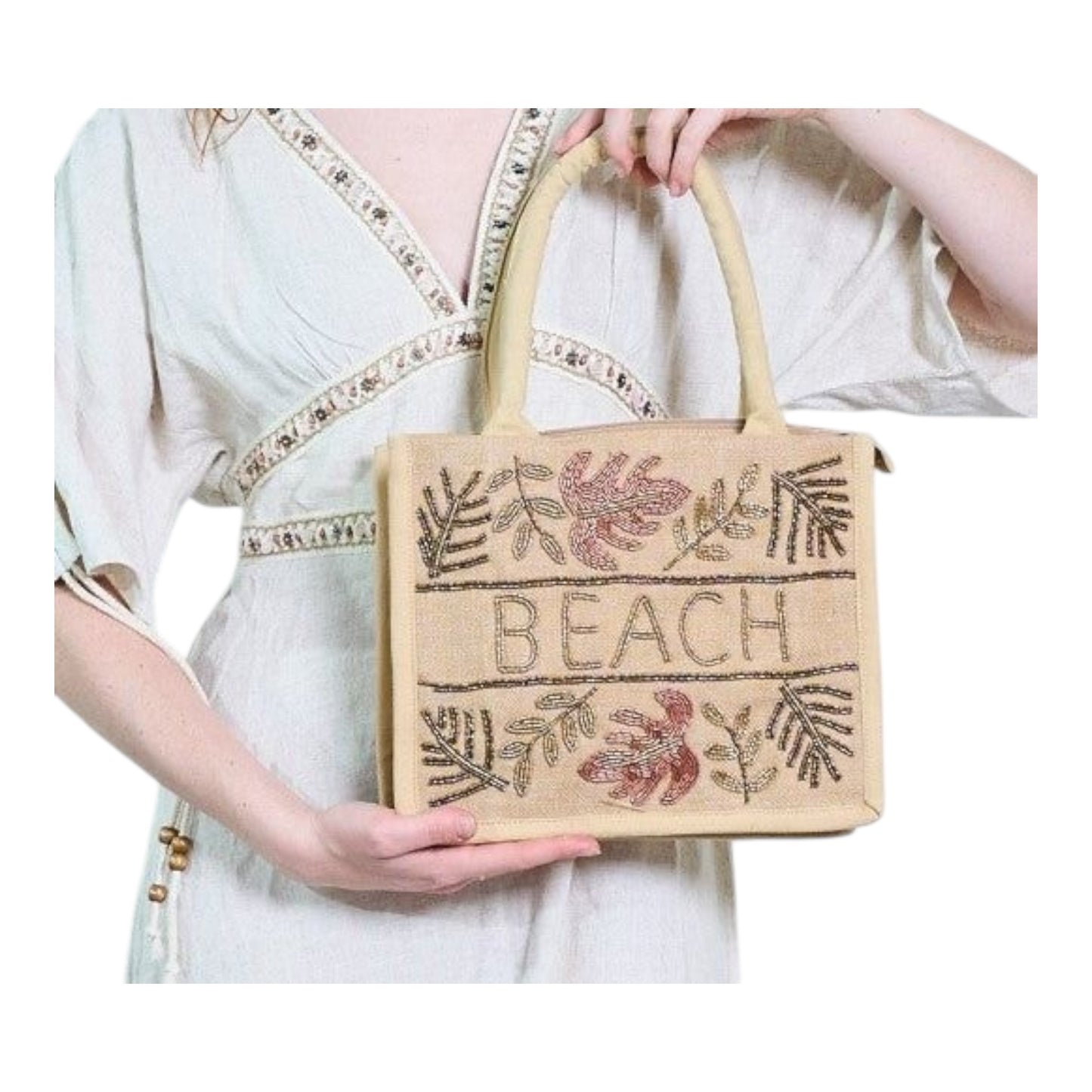Sac fourré en jute brodé « Plage »