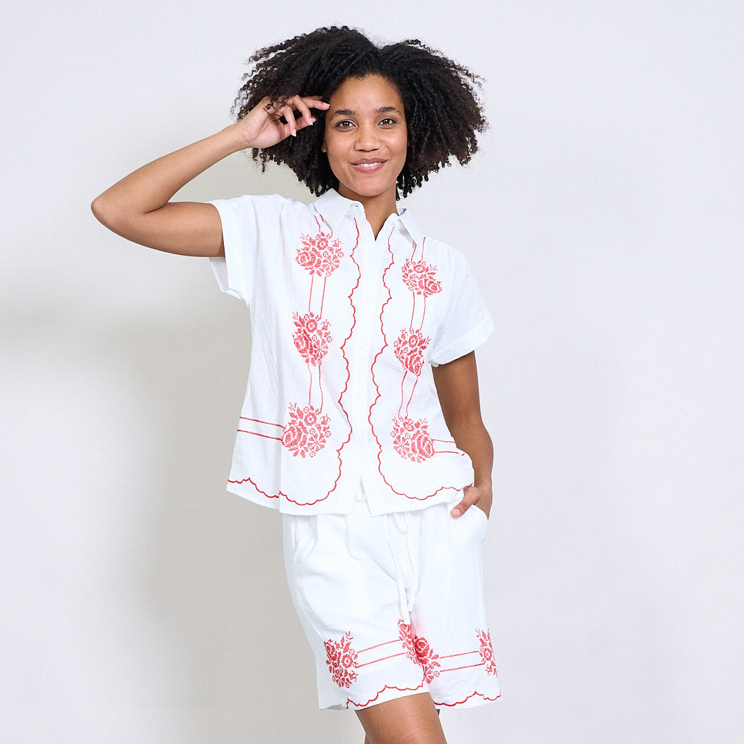 Set short + chemise brodé fleures