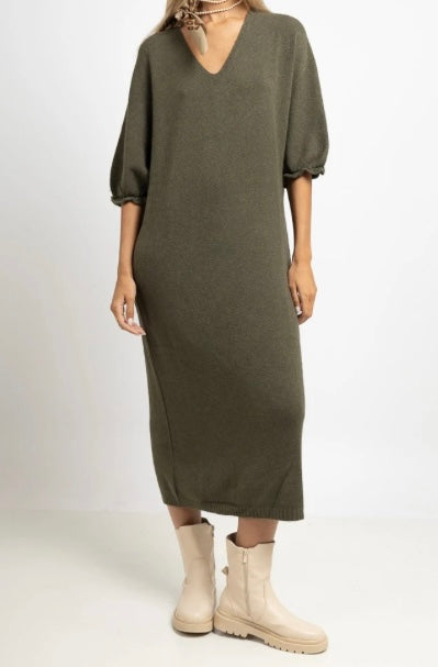 Robe longue oversize, col v sans couture, manches 3/4 touche