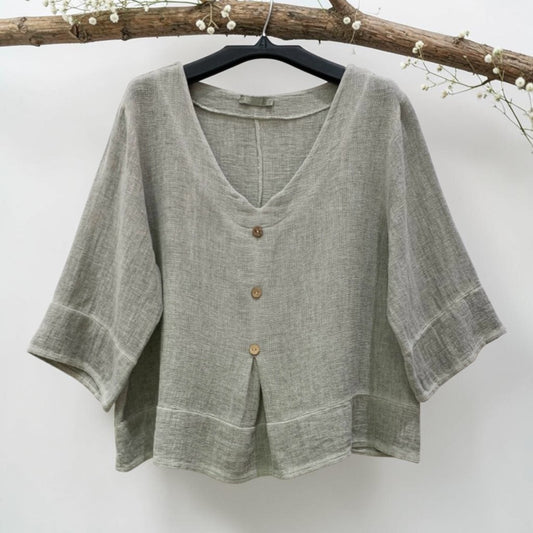 Top col v manches courtes, en mélange lin ⁄ coton, avec boutons décoratifs