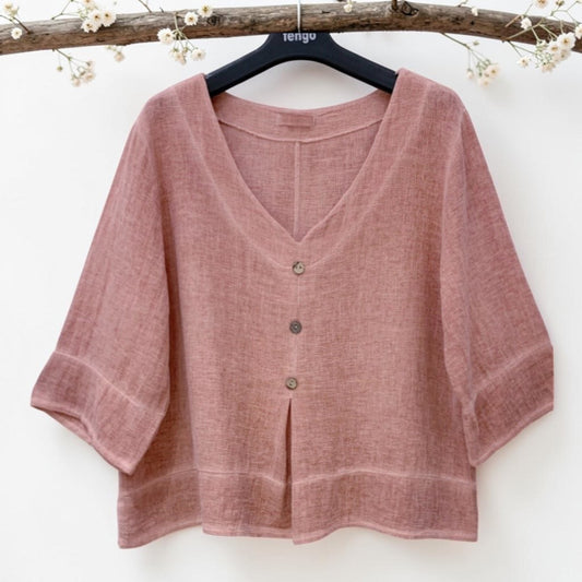 Top col v manches courtes, en mélange lin ⁄ coton, avec boutons décoratifs