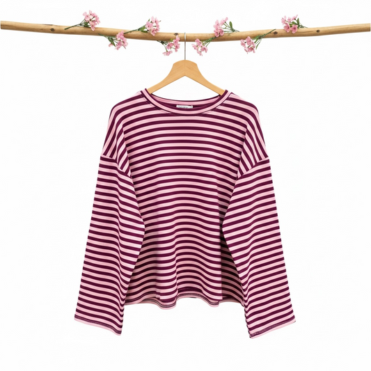Sweater ligné Mauve/Rose manches larges