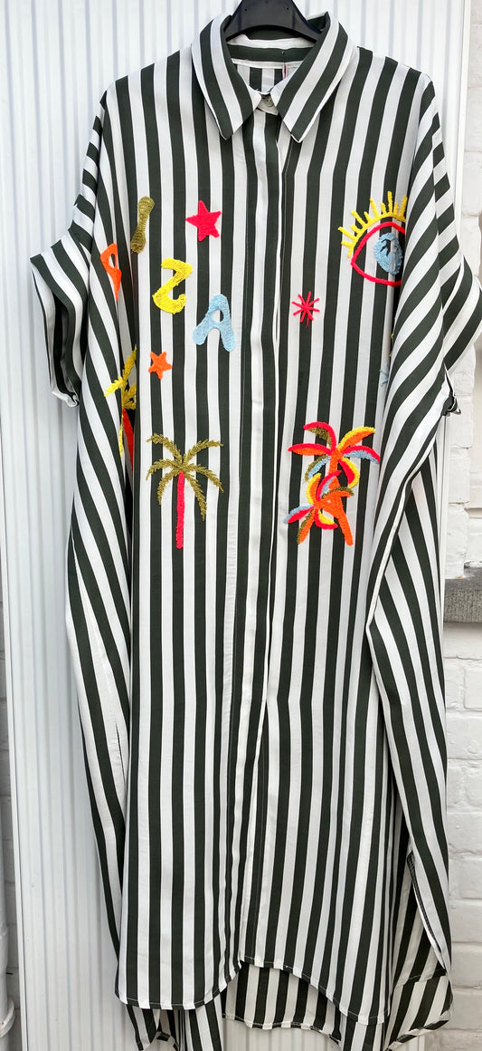 Kaki Robe chemise ligné avec broderie fluo