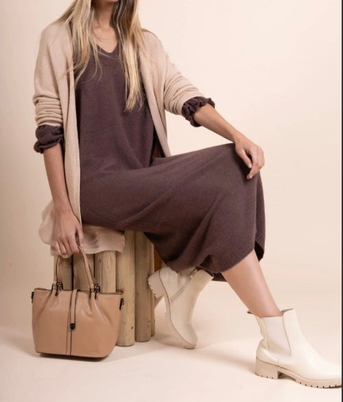 Robe longue oversize, col v sans couture, manches 3/4 touche