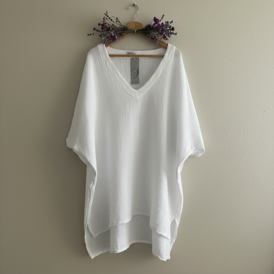Blouse longue décontractée 100% coton col V