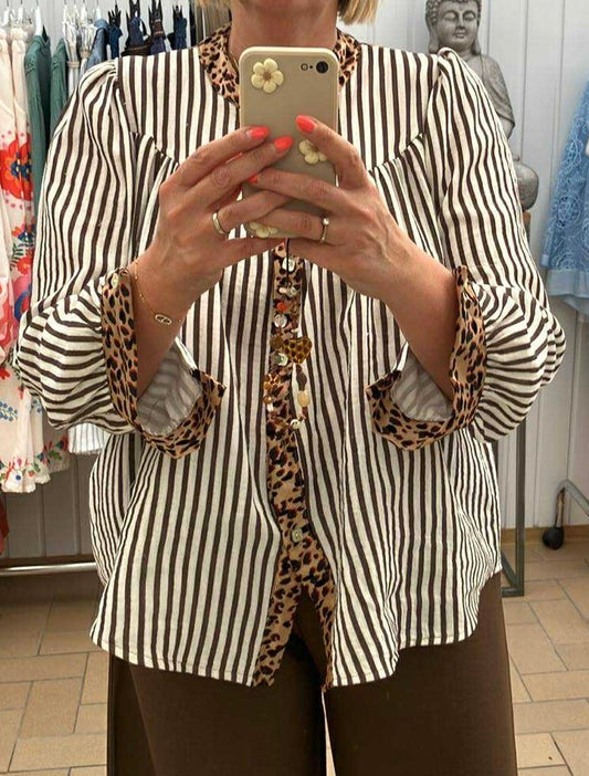 Gestreepte blouse met tijgerprint wit/choco