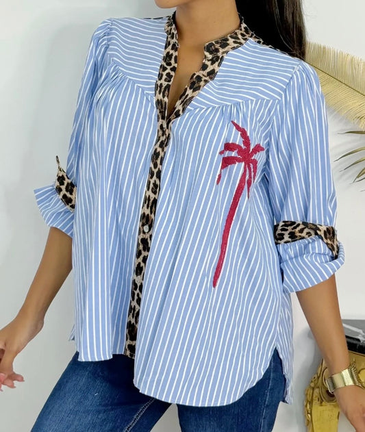 Chemise lignée avec broderie palmier / leopard