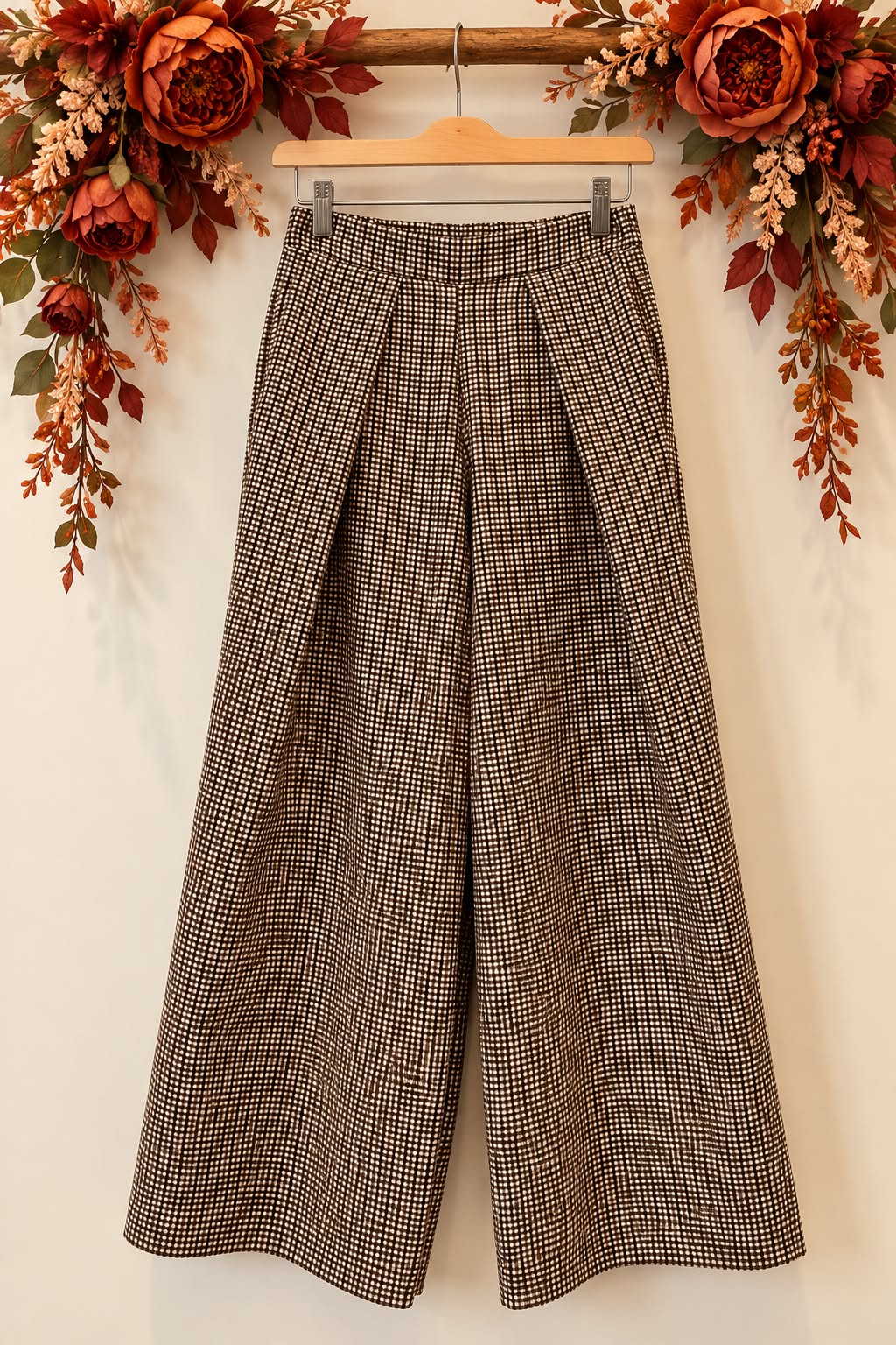 Wijde broek met vichyruit en plooien