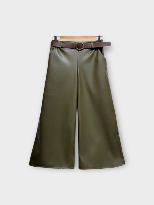 Pantalon en simili cuir droit évasé avec ceinture