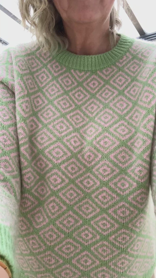 Pull Carreaux vert/beige rose