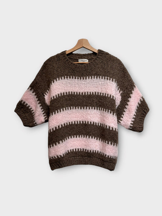 Pull en laine à rayures bicolore col rond manches 3/4