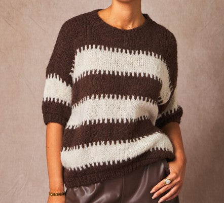 Pull en laine à rayures bicolore col rond manches 3/4